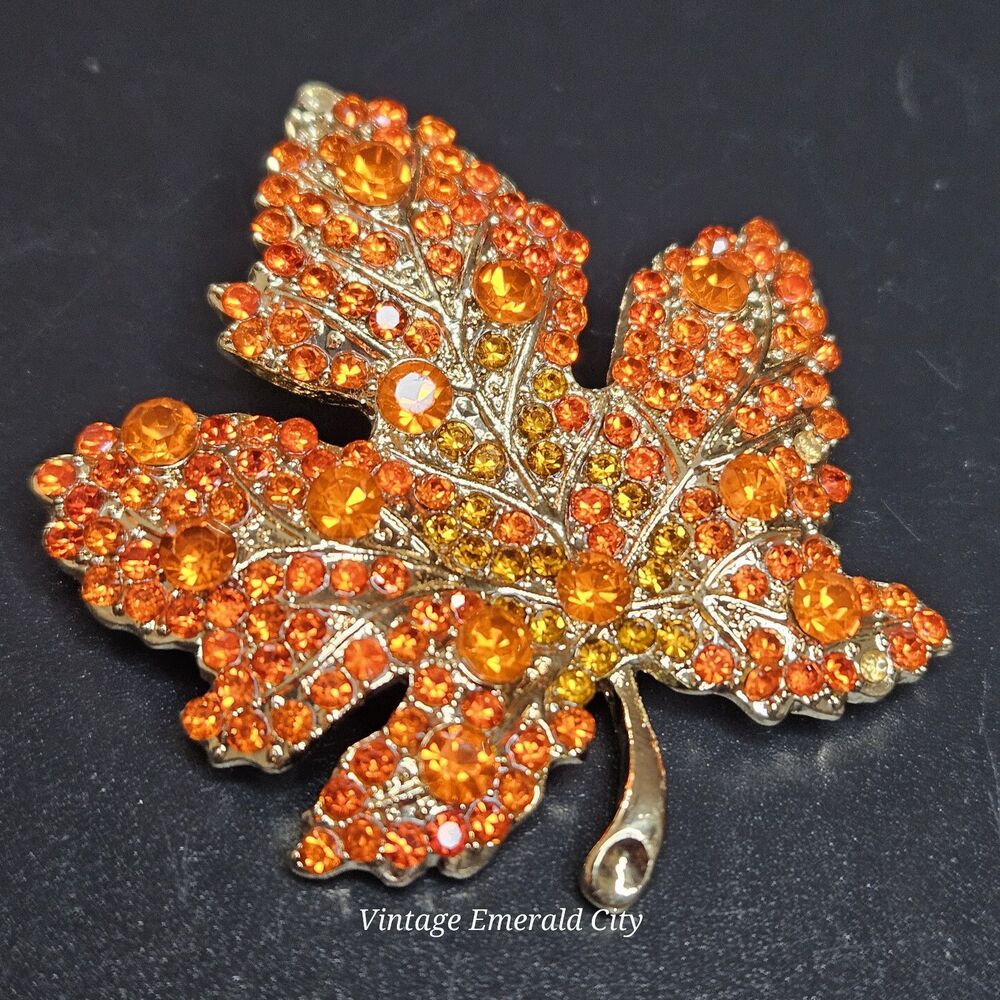 Maple Tree Leaf Brooch Orange Rhinestones Gold-Tone Autumn Pin Fall Warm Nature